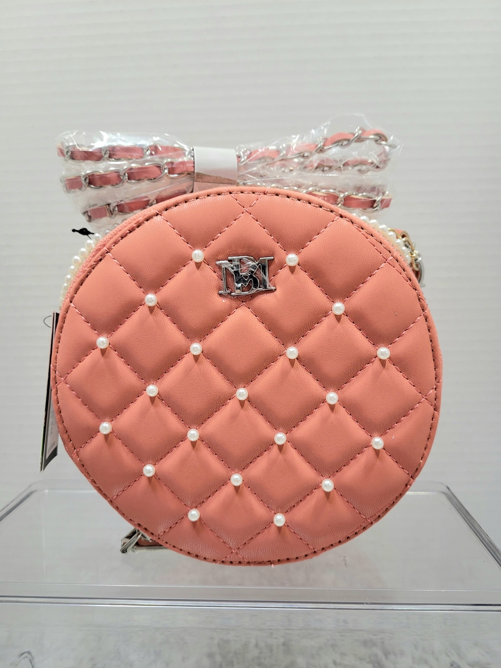 Badgley Mischka Quilted Round Crossbody with Pearl Accents - Peach